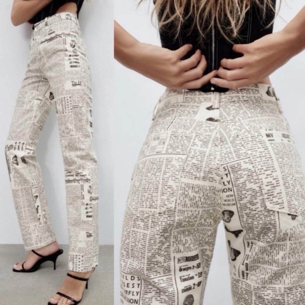 Zara Newspaper Print Jeans – Size 2